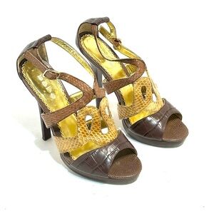 BEBE Sadie Brown Leather Stiletto Heels Open Toe Platform Shoes Sandals Size 8